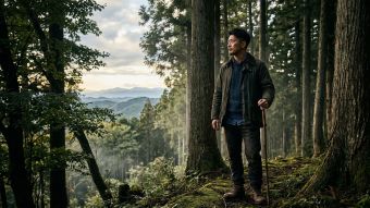 谷を見渡す決意ある男性。男性の健康と世代継承の象徴。