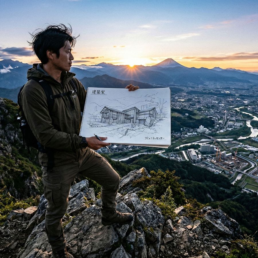 力強く立って風景を見渡す男性で、リーダーシップとビジョンを象徴。
