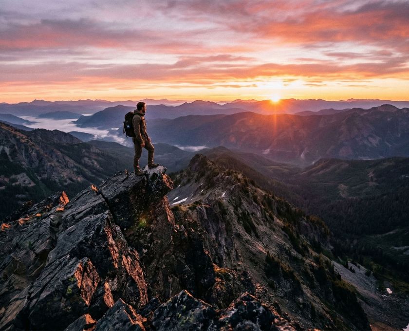 Un homme debout sur un sommet rocheux surplombant une vaste vallée au lever du soleil.