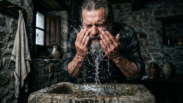 Un homme à barbe courte se jette de l’eau au visage dans une salle de bain minimaliste.