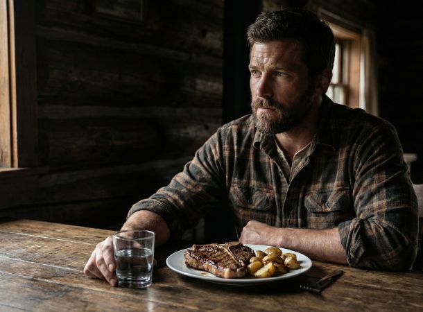 A rugged man sitting at a wooden table enjoying a hearty, traditional meal.