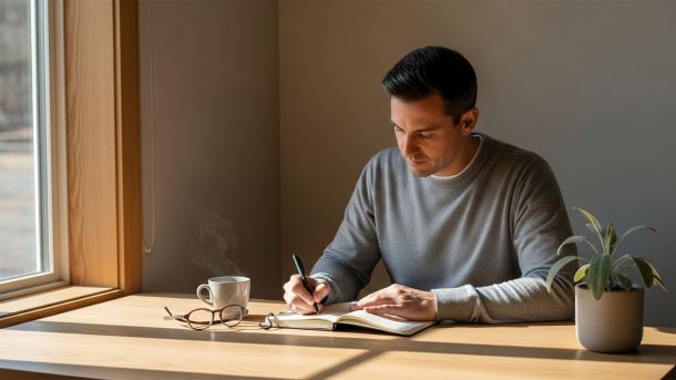 Hombre reflexionando y escribiendo en cuaderno mientras diseña un estilo de vida alineado con sus valores.