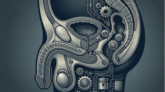 Diagram illustrating the four stages of the male sexual response cycle and the dual control model.