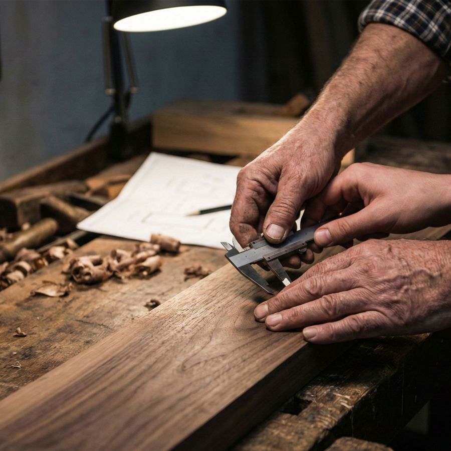 Un mentor âgé guidant un jeune homme à un établi, symbolisant la transmission du savoir-faire professionnel.