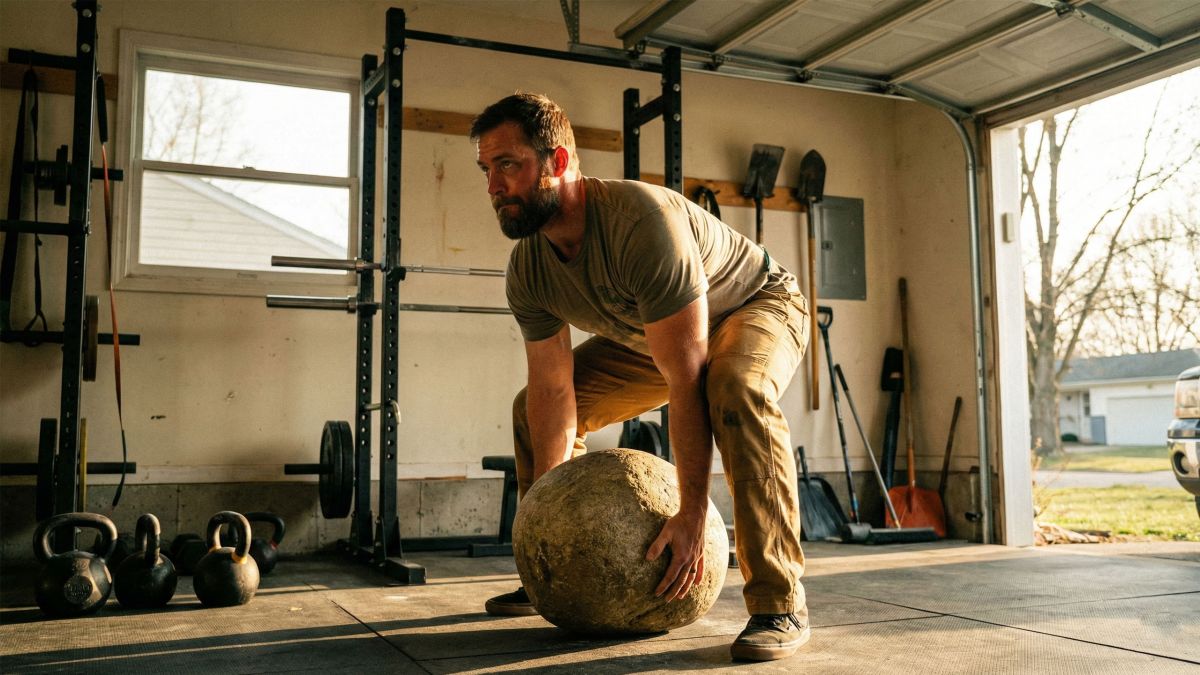 A man performing an odd-object lift to build functional warrior strength.