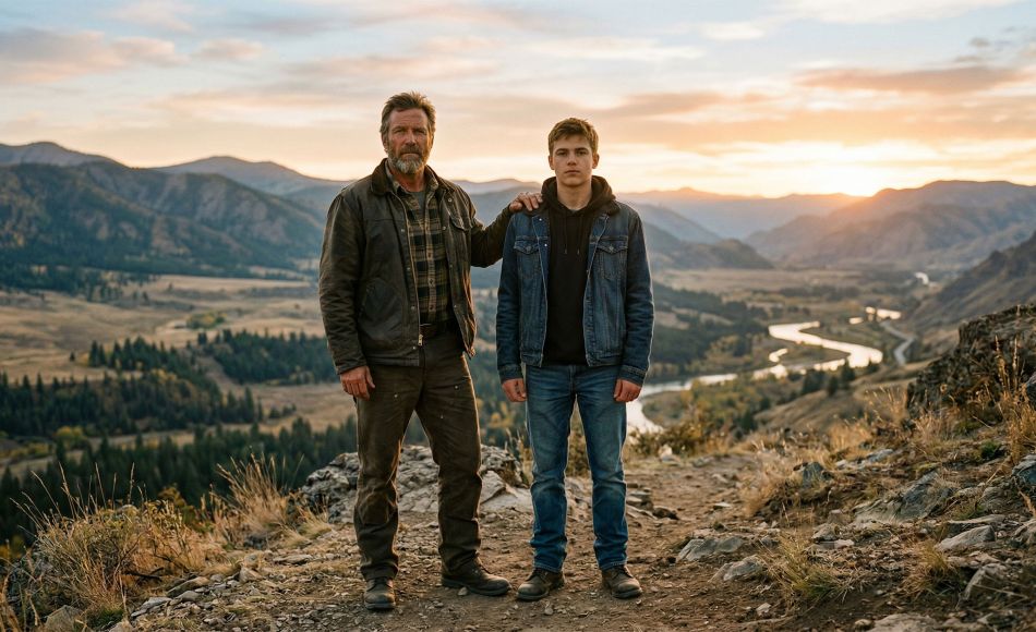 A father and son standing together at golden hour, representing masculine strength, fatherhood, and family legacy