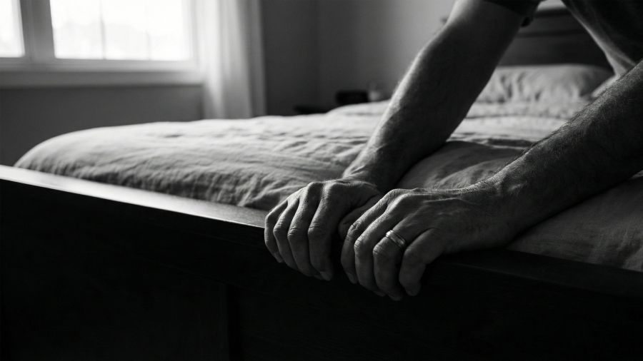 A man practicing grounding techniques during an intimate moment.