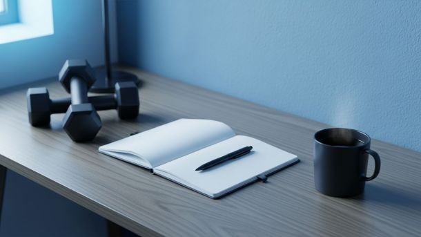Minimaler Schreibtisch mit Kaffee, Notizbuch und Hanteln in kühlen Blautönen für einen klaren Männer-Gesundheitsplan
