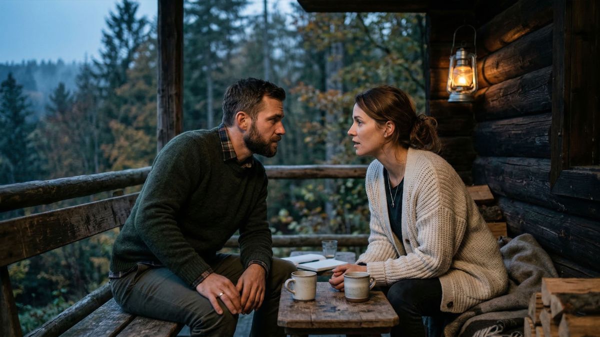 Ein selbstbewusster Mann, der einer Frau in einer rustikalen Außenumgebung aufmerksam zuhört.