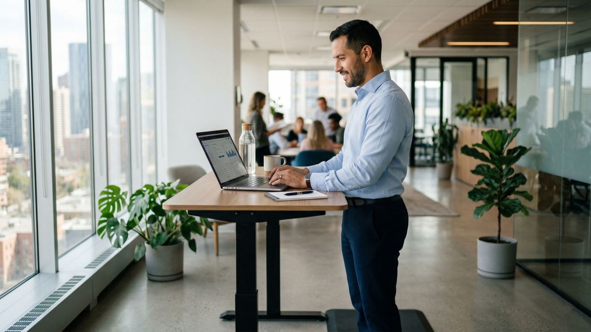 Hombre profesional usando escritorio de pie para mejorar circulación y postura.