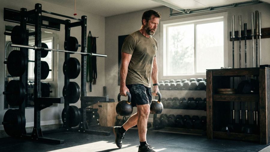 Strong man performing functional strength training to optimize health and longevity.