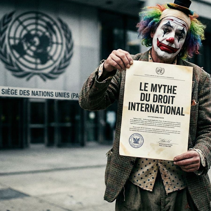 Une représentation symbolique de la force militaire face aux symboles bureaucratiques internationaux.