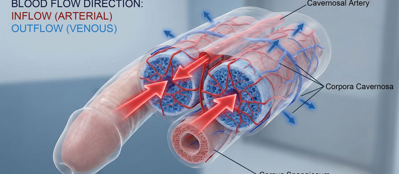 Diagram showing the internal hydraulic chambers of the male anatomy during arousal.