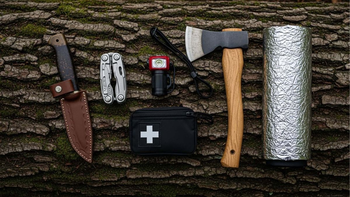 Photo à plat d’outils de survie essentiels sur toile : couteau, multi-outil, tisonnier, lampe frontale, filtre à eau, trousse de secours, paracorde, batterie, scie pliable, couverture de survie.