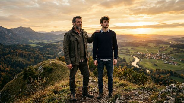 Ein Vater und sein Sohn stehen zusammen in der goldenen Stunde, repräsentieren männliche Stärke, Vaterschaft und Familienvermächtnis