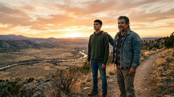 Un padre y su hijo de pie juntos en la hora dorada, representando fuerza masculina, paternidad y legado familiar