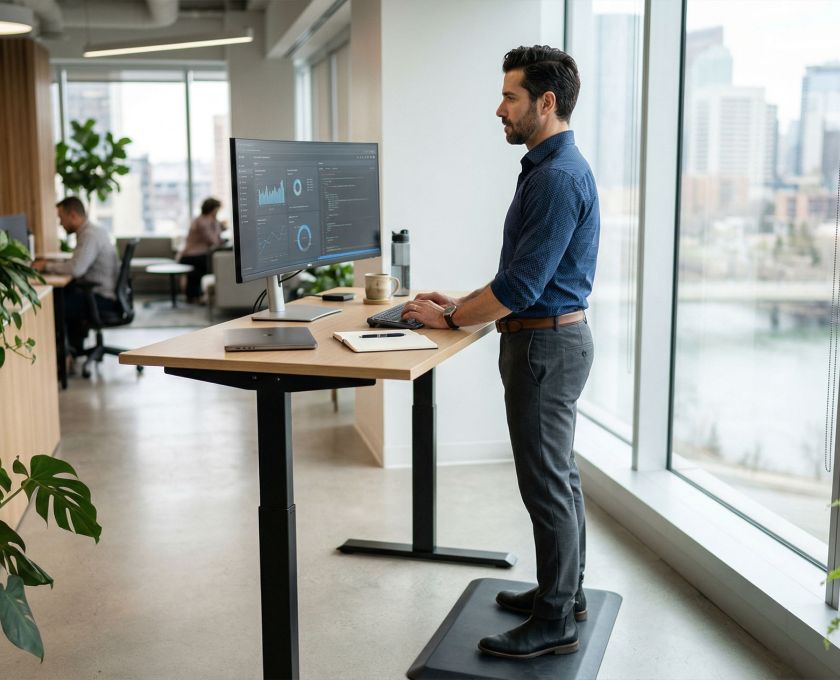 Homem usando mesa em pé para melhorar circulação e postura.