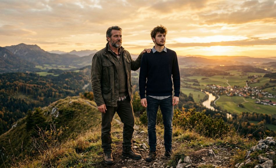 Ein Vater und sein Sohn stehen zusammen in der goldenen Stunde, repräsentieren männliche Stärke, Vaterschaft und Familienvermächtnis