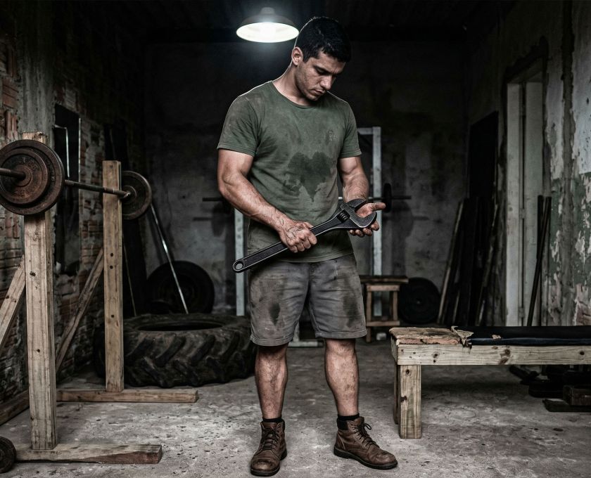 Um homem focado em força funcional em ambiente rústico.