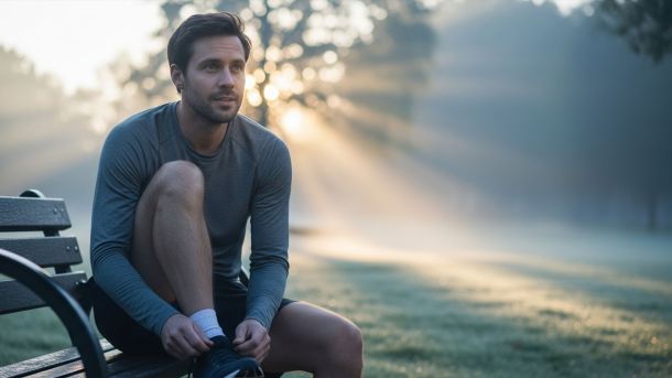 Mann schnürt morgens Laufschuhe – Sinnbild für den beharrlichen Aufbau von Selbstvertrauen