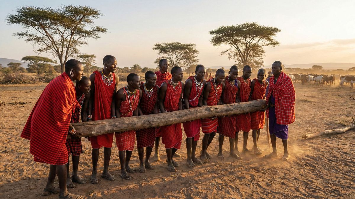 世界的な男性アイデンティティと文化人類学を象徴する、伝統的な衣装を着て並ぶ男性たちのグループ。