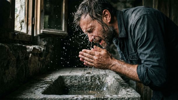 A man with a short beard splashes water on his face in a minimalist bathroom.