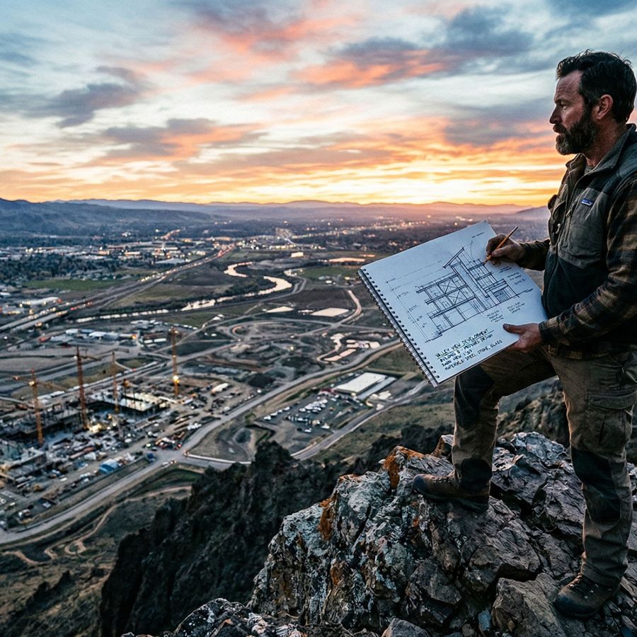 Ein stark stehender Mann, der eine Landschaft überblickt und Führungsstärke sowie Vision verkörpert.