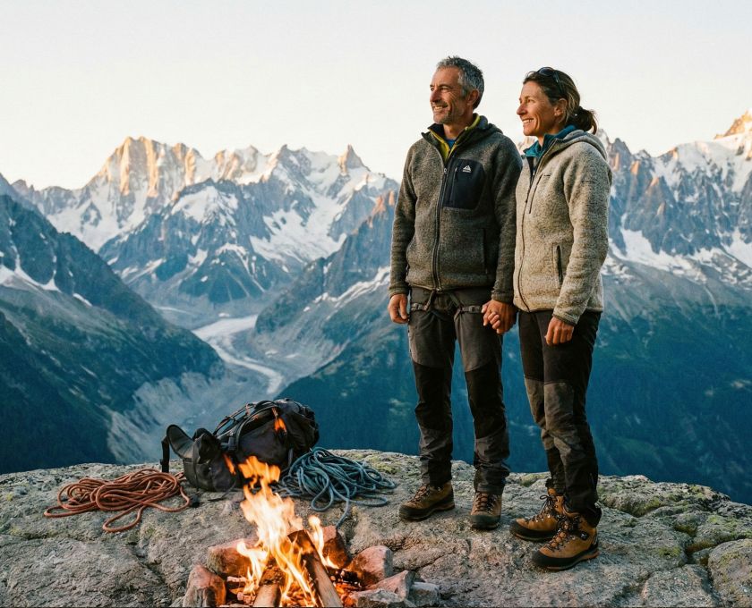 Un couple traditionnel debout ensemble dans un environnement extérieur sauvage.