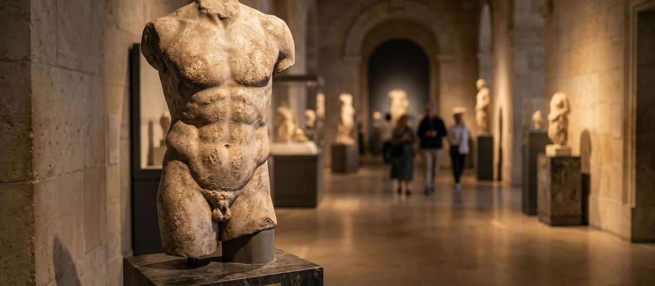 A weathered ancient stone sculpture representing historical ideals of masculinity and power.