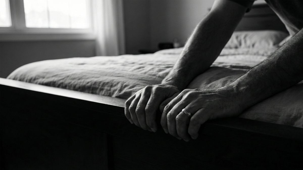 A man practicing grounding techniques during an intimate moment.
