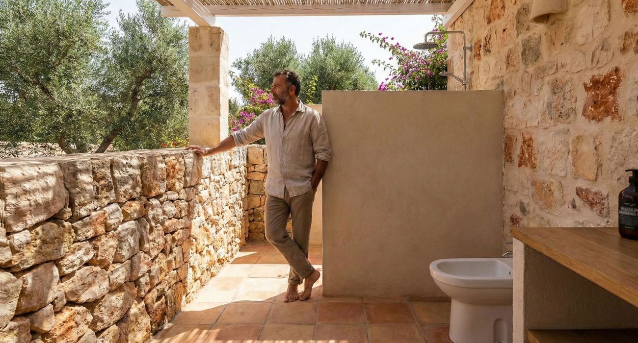 Baño mediterráneo tradicional con bidé resaltando la higiene masculina.
