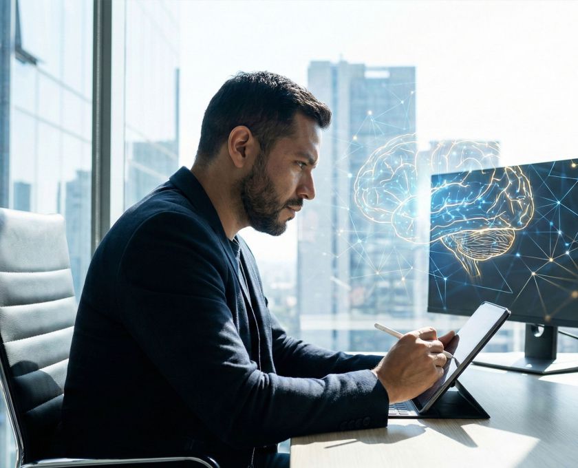 Un hombre demostrando intensa concentración mental y presencia de liderazgo.