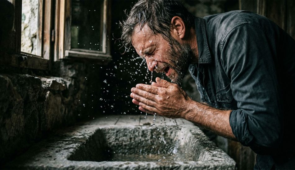 A man with a short beard splashes water on his face in a minimalist bathroom.