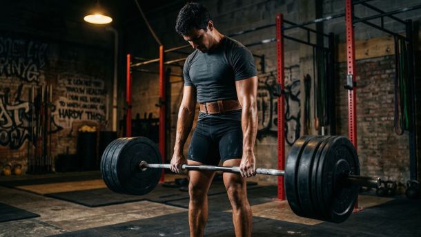 Homem realizando levantamento terra com barra pesada, utilizando um sistema de contração completa do corpo, representando o engajamento do assoalho pélvico e a estabilidade do core em atletas do sexo masculino.