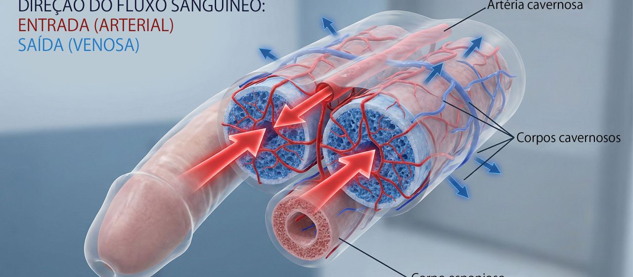 Diagrama mostrando as câmaras hidráulicas internas da anatomia masculina durante a excitação.