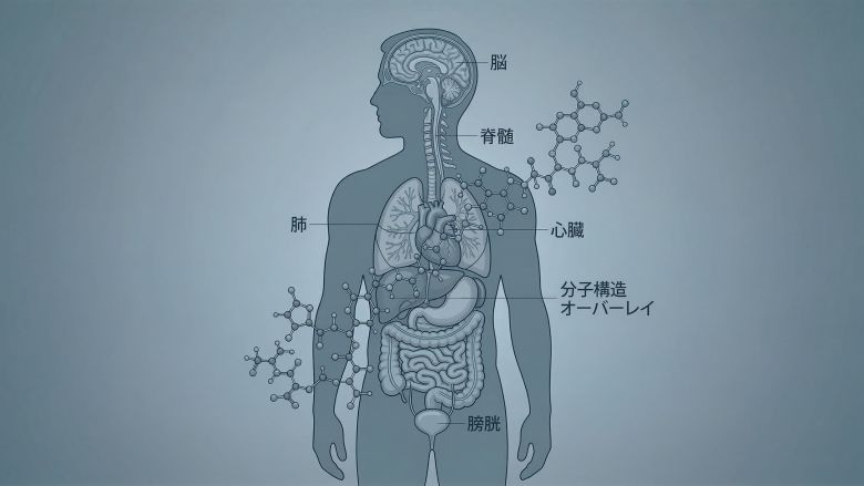マイクロプラスチックの分子構造を重ね合わせた男性像のイラスト。これは、2050年までに予測されるテストステロンの減少を表している。