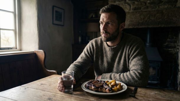 Ein kräftiger Mann sitzt an einem Holztisch und genießt eine herzhafte, traditionelle Mahlzeit.