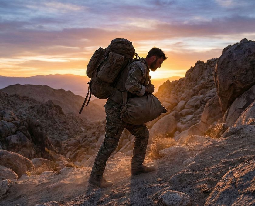 A man in rugged gear performing a functional carry workout outdoors, representing ancient warrior training.
