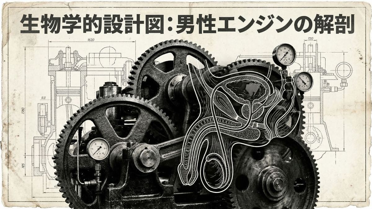 男性の生理構造を示すテクニカルブループリント風のイラスト。