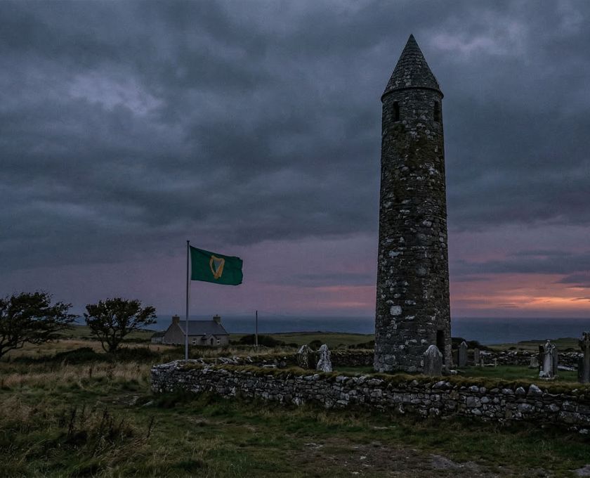 Ancient Irish stone tower against a stormy sky, representing Irish heritage and the fighting spirit of Celtic identity