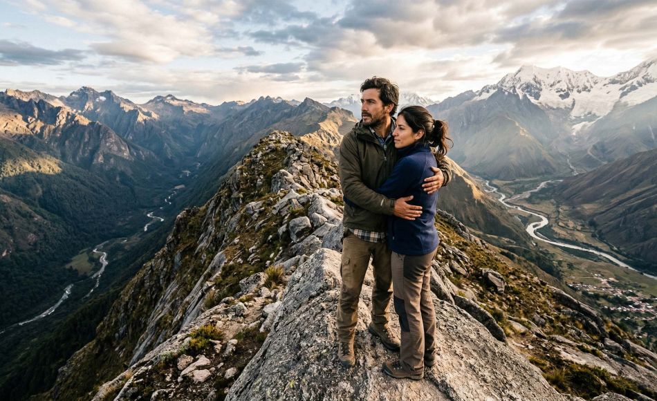 Un hombre y una mujer en una cima rocosa simbolizando unión pese a perspectivas distintas.