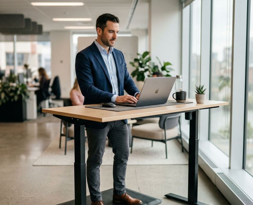 Homme professionnel utilisant un bureau debout pour améliorer la circulation pelvienne et la posture.