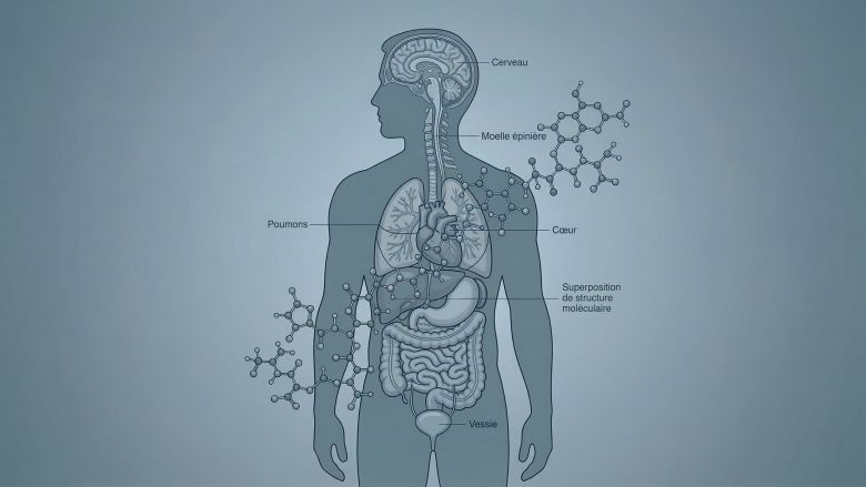 Illustration d'une silhouette masculine sur laquelle est superposée une structure moléculaire de microplastiques, représentant le déclin de la testostérone prévu d'ici 2050.