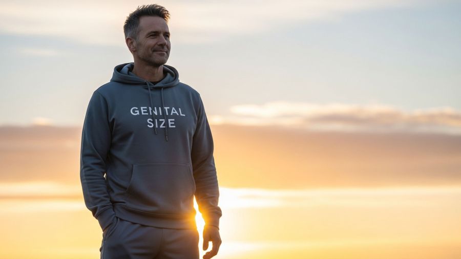 Midlife man at sunrise standing tall with calm confidence