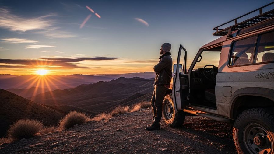 A man experiencing a moment of reflection during a rugged overland adventure.