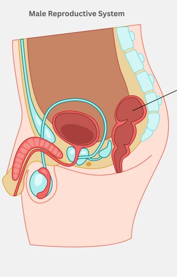 Medical diagram of male anatomy and physiology.