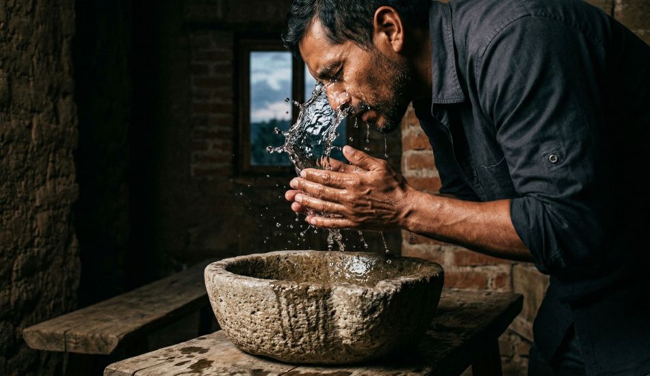 Un hombre con barba corta se salpica agua en la cara en un baño minimalista.