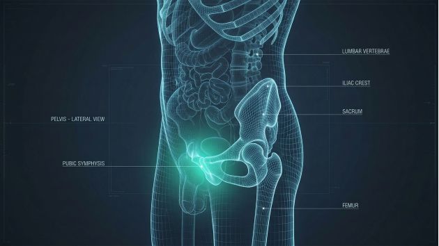 Illustration médicale d’un bassin masculin mettant en évidence la zone sus-pubienne et l’alignement pelvien.