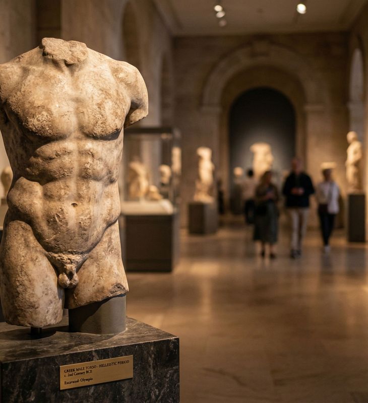 A weathered ancient stone sculpture representing historical ideals of masculinity and power.