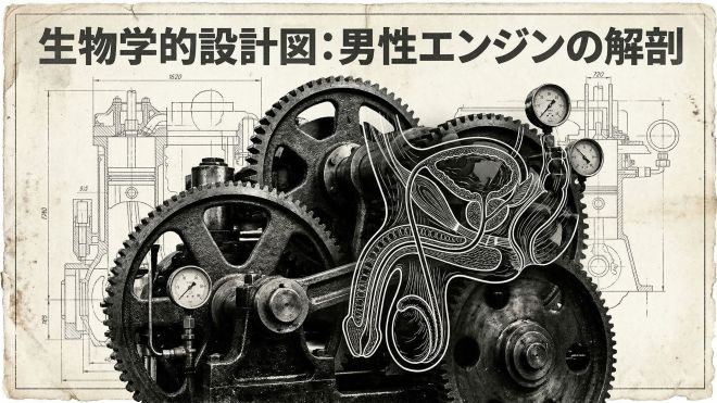 男性の生理構造を示すテクニカルブループリント風のイラスト。